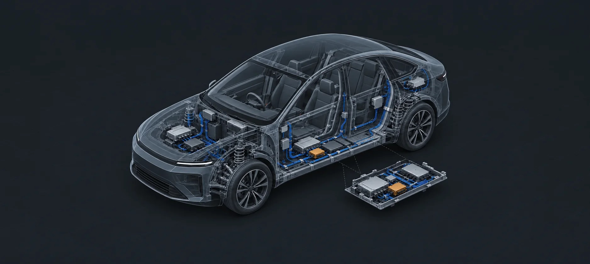 Illustrative vehicle cutaway showing onboard computing, internal wiring and a serviceable electronics tray.
